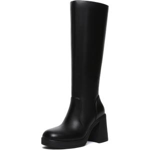 Athlefit Black Knee High Boots for Women Platform Tall Boots Fashion Square Toe Chunky Heeled Booties (7.5)
