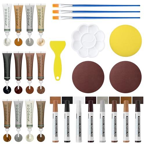 Wood Repair Kit: 12-Color Wood Filler and 8-Color Furniture Markers Touch Up for Scratches/Holes/Stains/Cracks in Floors/Table/Cabinets(Laminate/Hardwood)