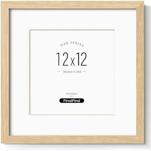 FinalFind 12x12 Frame with Mat for 8x8, Natural Solid Oak Wood Picture Frame with Tempered Glass for Wall Mounting(Single,Oak)