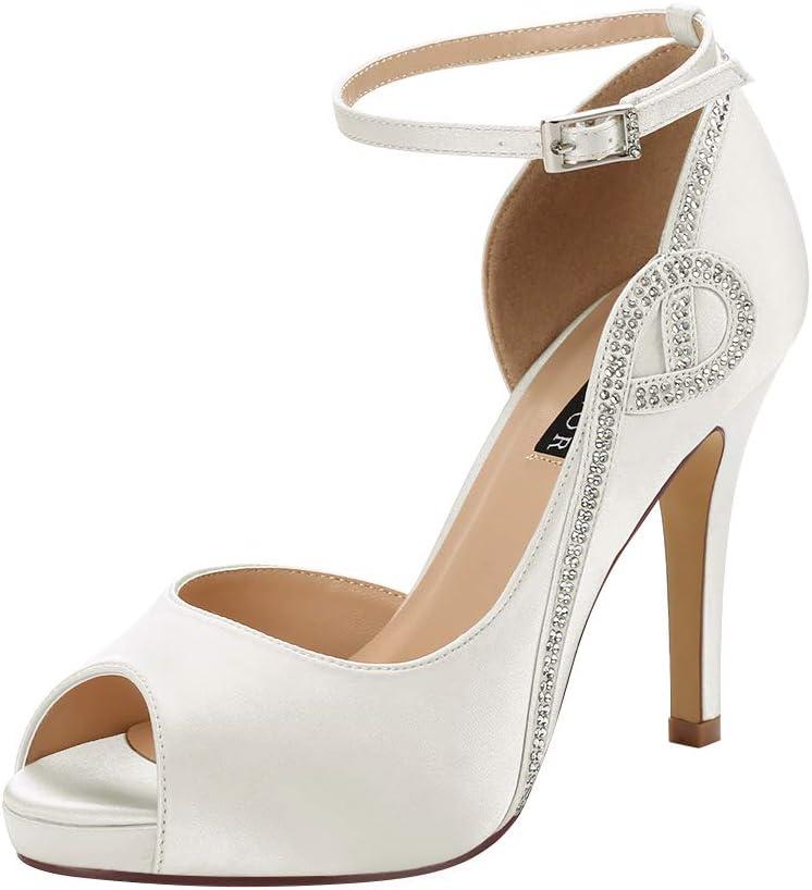 ERIJUNOR Women Peep Toe Side Open Rhinestones Comfortable Platform Satin Bridal Wedding Party Shoes (White) 8