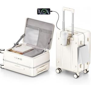 20IN Carry On Luggage,Top Opening Aluminum Frame Hardside 100% PC Airline Approved Suitcase -with TSA Lock,Cup Holder,USB Charge,Side Pothook, 360°Spinner Wheels-Milky White