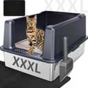 Stainless Steel Cat Litter Box with Lid, Extra Large Enclosed Litter Box High Sided Metal Litter Box with Scoop, Pedal, Top & Side Entry Anti-Leakage& Easy Cleaning(Dark Grey)