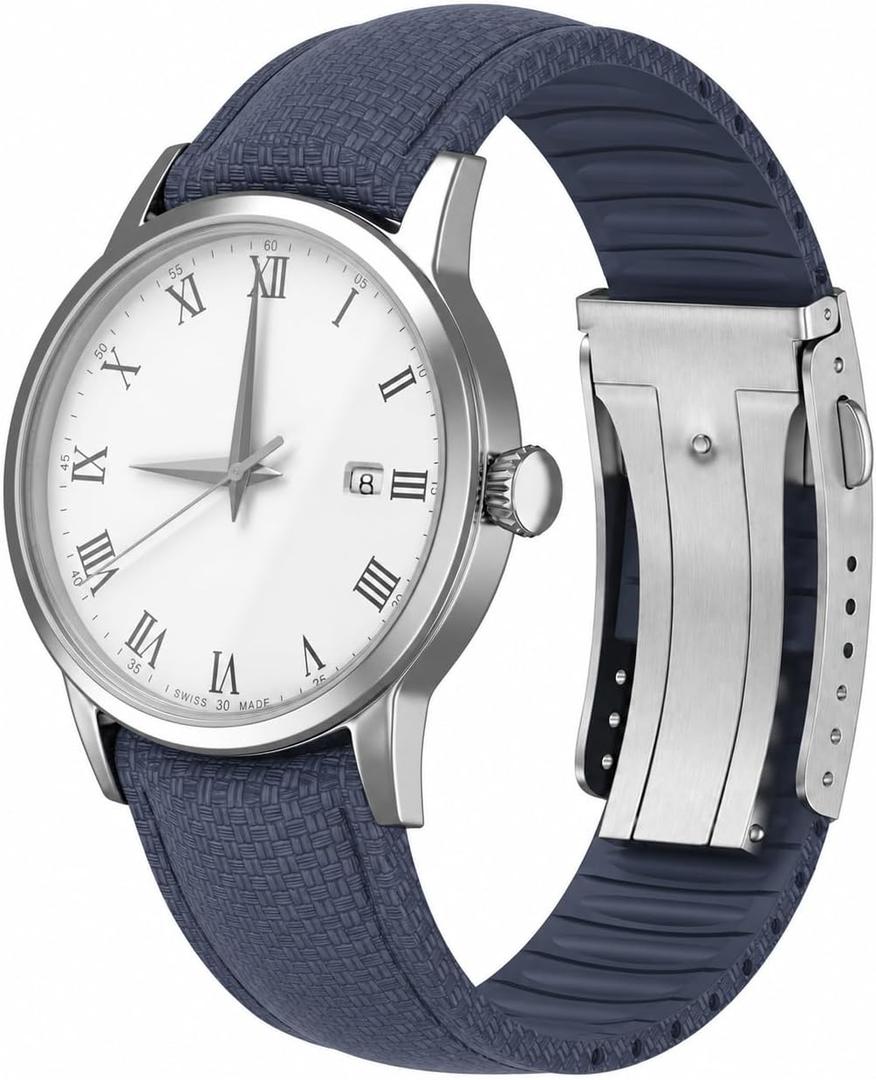 FKM Rubber Watch Strap,Curved End Fluororubber Watch Band with 316L Stainless Steel Deployant Clasp,Sweat-proof Anti-Dust Seamless Fit for Men Women Divers Watches Cut-to-Size 18mm 19mm 20mm 21mm 22mm