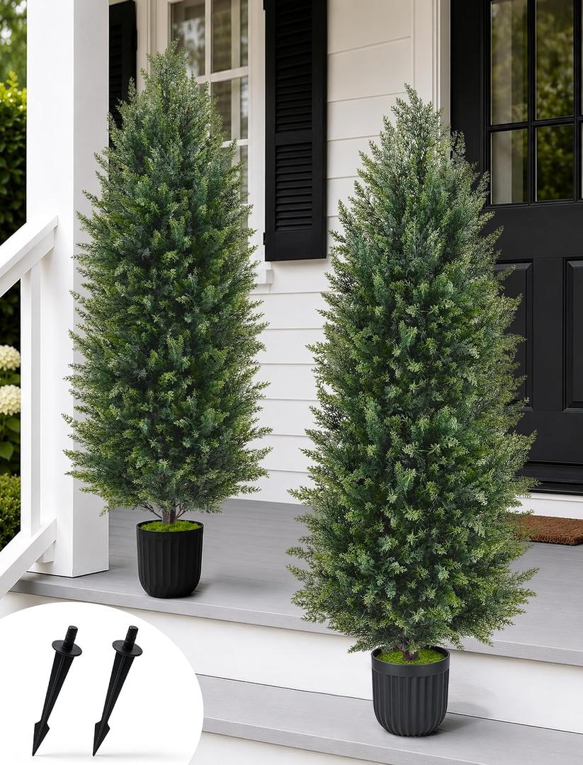 4FT Artificial Topiary Cedar Trees, Realistic 2 Set Outdoor Christmas Trees