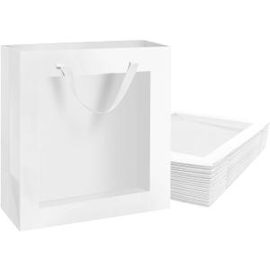 PACKQUEEN 12pcs White Gift Bags with Transparent Window, 10x4.5x11 Inches Large Gift Bags with Handles for Wedding Graduation Mother's Day Festivals Party Present (Glossy White)