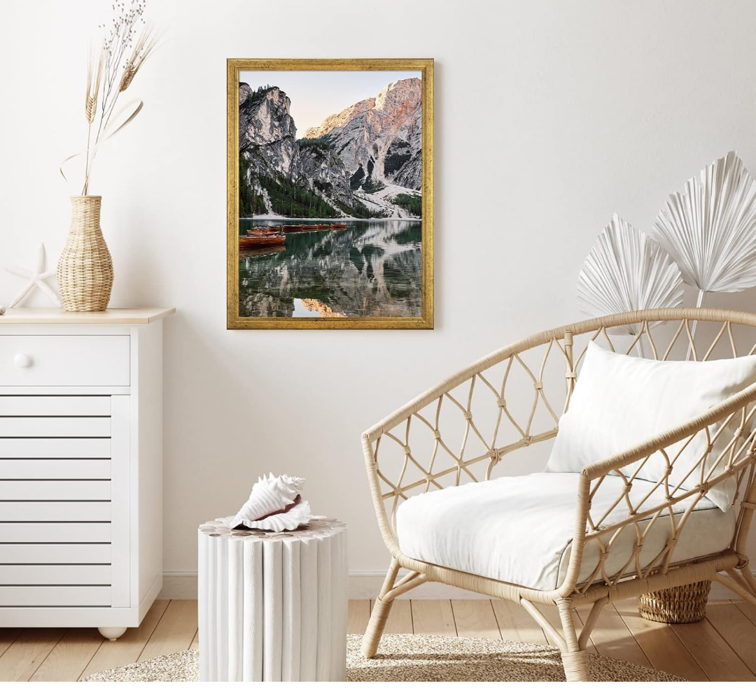 Wood 18x22 Frame Gold, Ornate Natural 22x18in Poster Picture Frame, Modern Golden 18 x 22inch Gallery Wall Photo Frame with HD Plexiglass, Horizontal Vertical Wall Mounting Display 1pcs