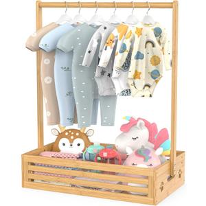 Baby Clothing Rack for Toddler, Pets Clothes Rack with Storage Box & Adjustable Hanging Rod for Dogs/Cats, Baby Shower Clothes Closet Rack with Handle for Nursery Room, Natural Bamboo