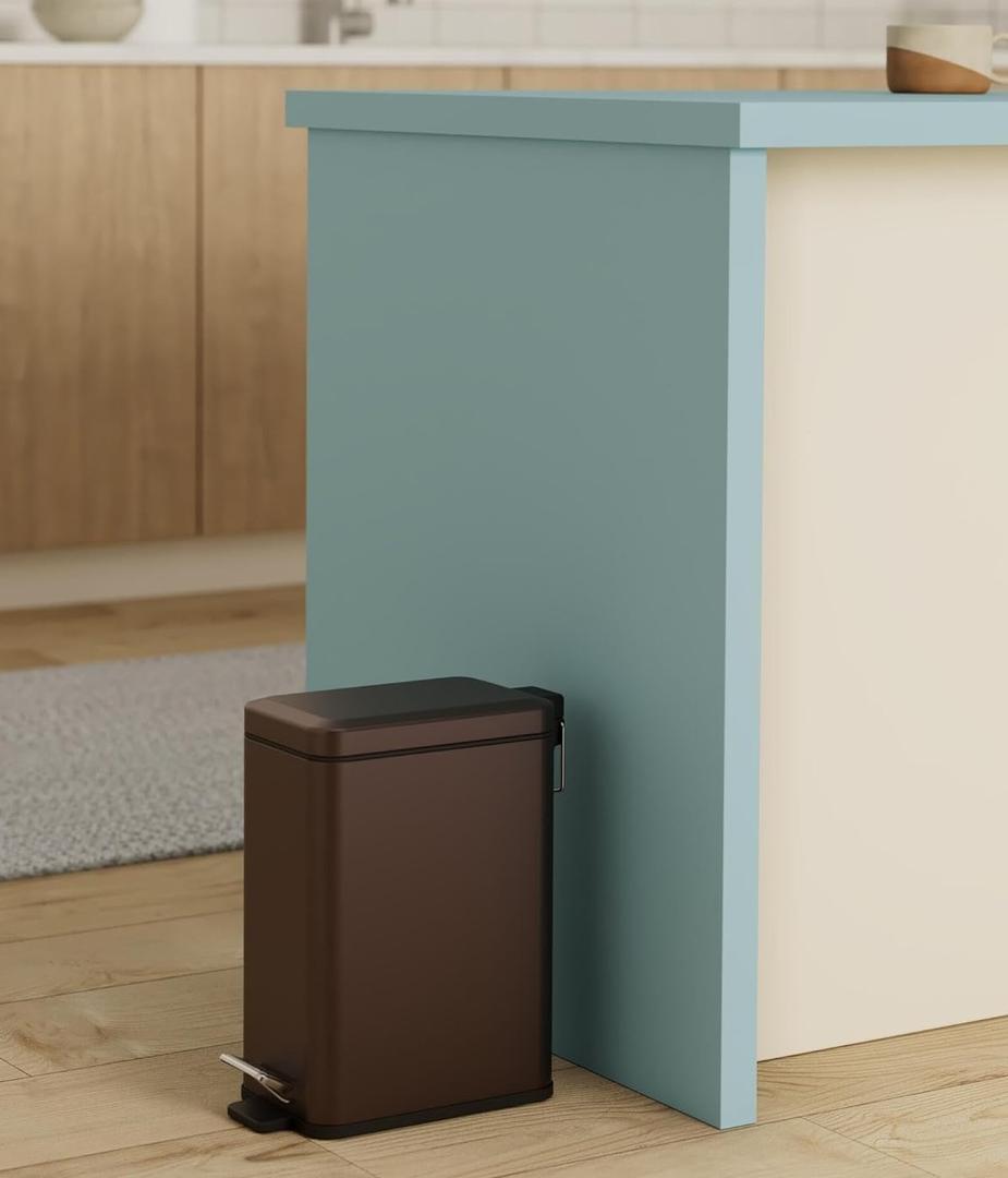 Homie Soft Close, Slim Trash Can 3.2 Gallon with Anti - Bag Slip Liner and Lid, Use as Mini Garbage Basket, Slim Dust Bin, or Decor in Bathroom, Restroom, Kitchen, or Bedroom (Bronze)