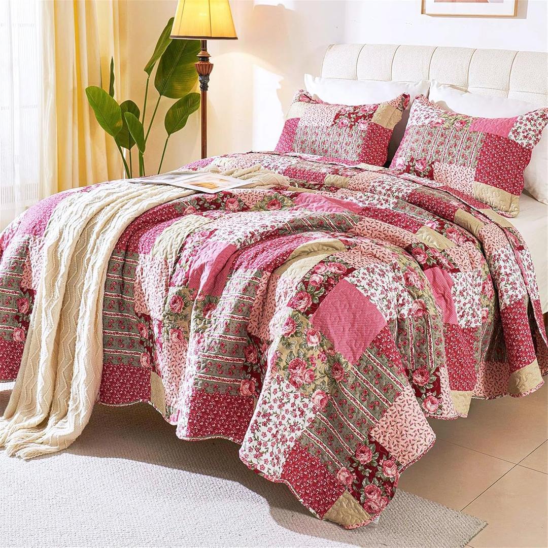 Cmfshape Romantic Patchwork Quilt Set Queen Size, Reversible Bedspread Coverlet 3-Piece, Floral Bed Cover Set with Pillow Shams, Lightweight Microfiber Bedding Set for All Season (Hot Pink, 90x90)