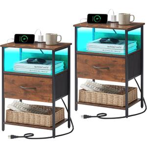 Somdot Nightstand Set of 2 with Charging Station and LED Light for Bedroom, Bedside Table End Table for Dorm Guest Room Bedside Kids Laundry Closet Entryway Hallway, Wood Grain Print (11.8"D x 16.5"W x 24.6"H (1 Drawers))