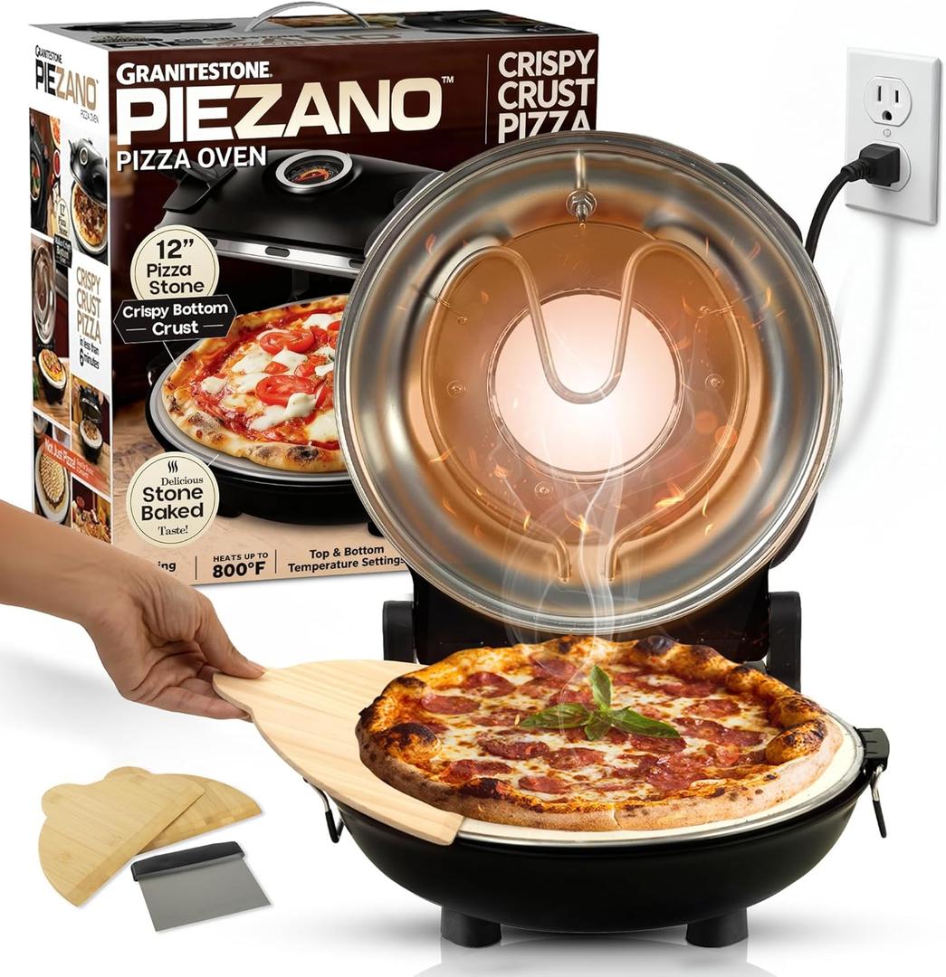 PIEZANO Crispy Crust Pizza Oven by Granitestone  12 Inch Electric Pizza Oven Indoor Countertop Maker with Ceramic Stone Heats up to 800F for Stone Baked Pizzeria Style at Home As Seen on TV Products