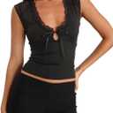 Milumia Women's Contrast Lace Knot Front Tank Top Sexy V Neck Sleeveless Tops (Black, S)