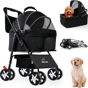 3 in 1 Pet Dog Stroller for Small Medium Dogs 10-50 lbs, Foldable Cat-Strollers for 2-Cats with Removable Carrier, Pet-Strollers for Cats with Storage Bag, Small Puppy-Stroller, Dog-Cart (Black)