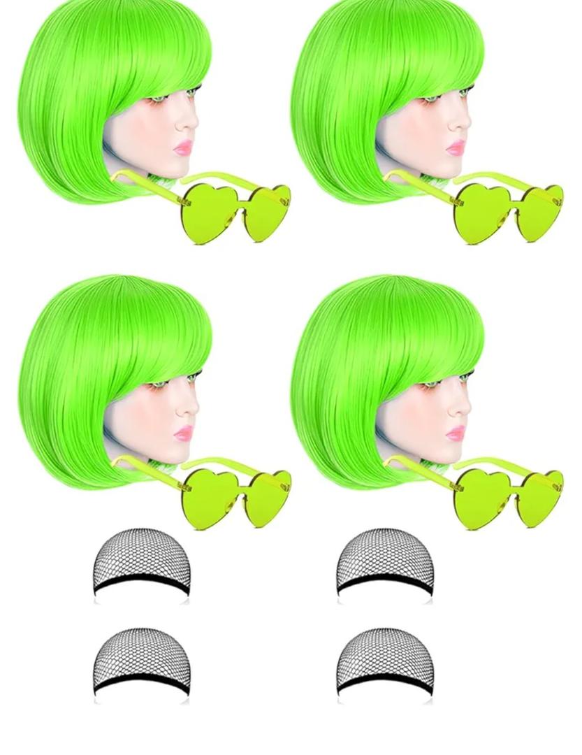 4 Pack Colored Wigs Neon Colorful Wig Short Bob Hair Wig Neon Fun Party Wig Costume Wigs with Heart Sunglasses(Green)
