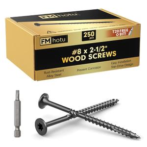 #8 x2-1/2 Deck Screws, 250Pcs Star Drive Wood Screws, Rust Resistant Timber Screws for Timber/Log/Landscaping Wood, T20 Star Bit Included, Black