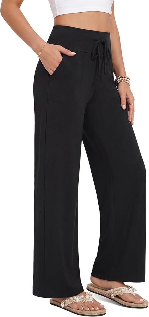 ZOOSIXX Capri Pants for Women - Wide Leg Loose Casual Trousers with Pockets Summer High Waisted Drawstring Pants (Black, M)