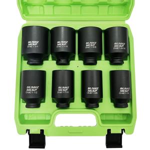 SUNHZMCKP 1/2" Drive Deep 6-Point Impact Socket Set, 8-Piece Standard SAE Spindle Axle Nut Impact Socket Set, Cr-Mo, 1-1/4-Inch to 1-3/4-Inch Size