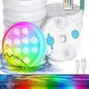 Submersible LED Lights with Remote, Changing Multicolor Underwater Pool Lights, IP68 Waterproof, Built-in Large Capacity Battery, with Magnets, Suction Cups, and Glue, for Hot Tub, Bathtub (6 Pack) White