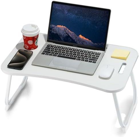 ZEAPTAC Laptop Bed Desk, Foldable Lap Table, Portable Study Table, Laptop Stand with Cup Holder & Tablet Slot & Lifting Handle for Working Writing Drawing & Eating - White