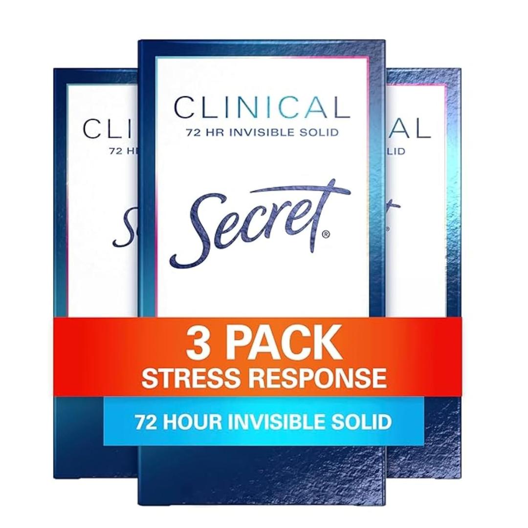 Secret Clinical Strength Antiperspirant Deodorant for Women, Stress Response, 3X Stress Protection, 72hr Sweat & Odor Protection, PH Balancing Minerals, Invisible Solid, 1.6 oz (Pack of 3) (1.6 Ounce (Pack of 3))