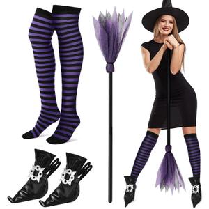 Vicenpal 3 Pcs Halloween Witch Costume Accessories Witch Broom Shoe Covers Socks Broomstick for Women Cosplay Party