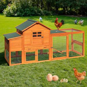 Large Wooden Chicken Coop Outdoor Duck House & 2 Wooden Eggs Run Cage Nesting Box Waterproof Asphalt Roof Ramp Removable Tray Wire Fence Poultry Pet Hutch for Backyard Small Animal Orange 79"