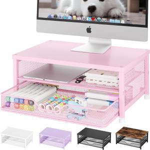 OPNICE Computer Monitor Stand Riser, Desk Organizer with Drawer, Printer & Laptop Stand, Office Desk Accessories & Workspace Desktop Organizers Storage for Office Supplies(Pink)