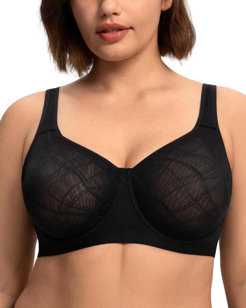 HSIA Minimizer Bras for Women Full Coverage Underwire Plus Size Unlined Mesh Jacquard Bra with Wide Straps (Black)