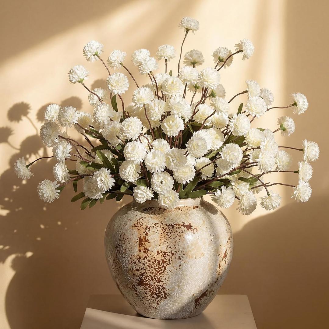 XunYee 24 Pcs White Artificial Chrysanthemum Flowers, Faux Silk Mums with Flexible Stems Neutral Fake Kiku Pompon for Spring Easter Vase Floral Fillers Wedding Home Table Decor