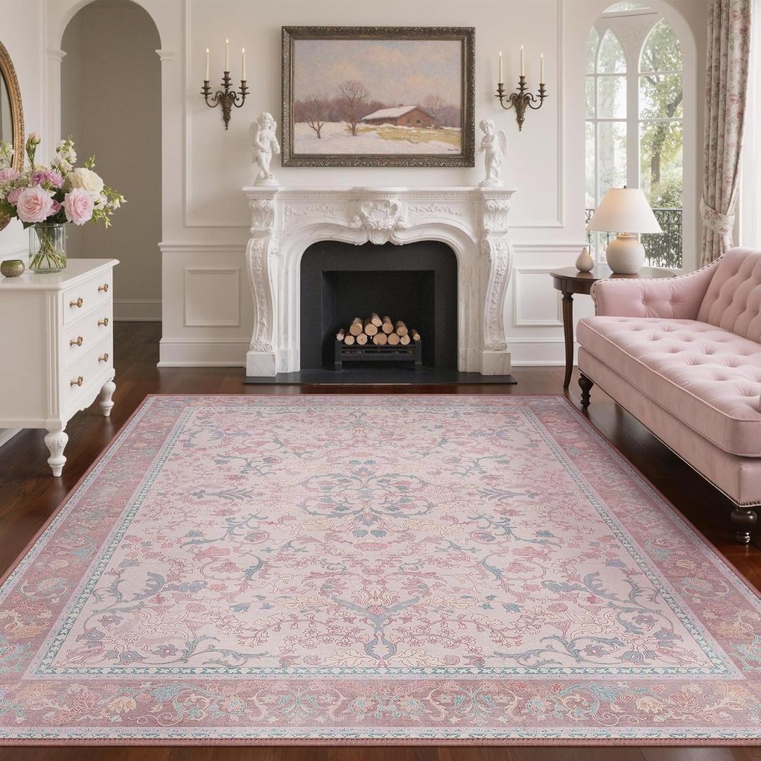 Washable Rugs 8x10 Pink Area Rug for Nursery, Boho Floral Vintage Rug for Living Room, Ultra Soft Water Repellent Large Carpet for Kids Playroom Bedroom, Dinning Room, Home Office, Dorm, Pink&Blue