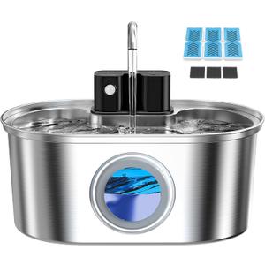 PEKTACO Wireless Cat Water Fountain Stainless Steel, 108oz/3.2L Cordless Battery Operated Pet Water Fountain for Cats Indoor with Quiet Pump, Easy Clean, BPA-Free(3 Filters)