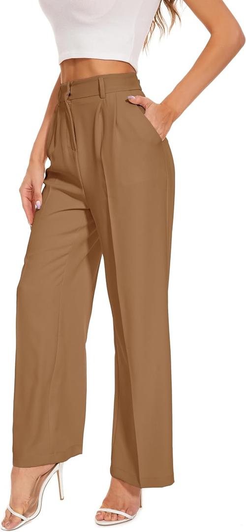 FUNYYZO Wide Leg Pants Women's High Elastic Waisted in The Back Business Work Trousers Long Straight Suit Pants (006# Caramel (Thin))