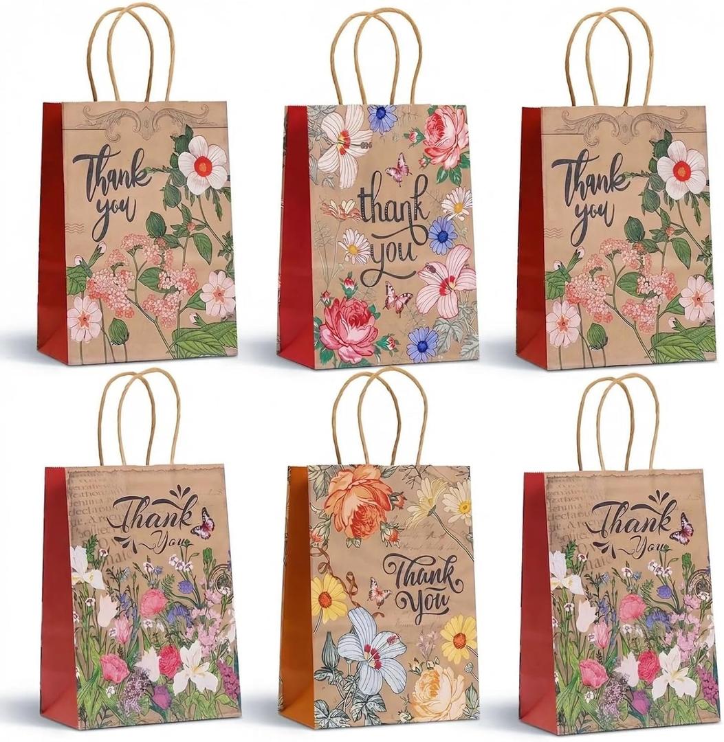 12 Pcs Thank You Party Gift Bags Thank You Kraft Paper Bags with Handles Floral Design Treat Bags for Birthday Present Wrapping