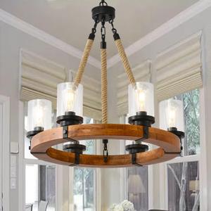 26" Wood Wagon Wheel Chandelier, 6 Light Rustic Chandelier Light Fixture with Bubble Glass Shade Farmhouse Pendant for Dining Room Kitchen and Entryway