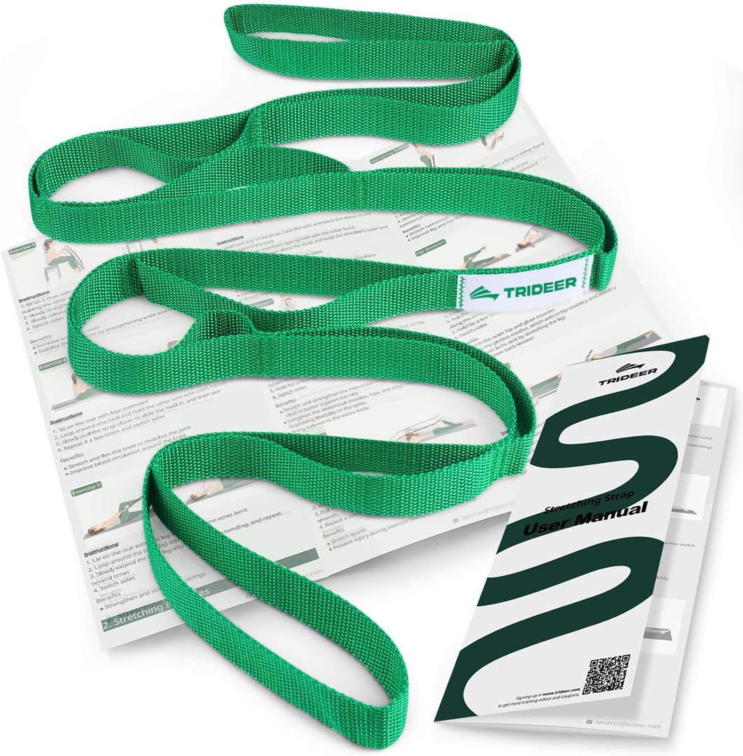 Trideer Stretching Strap with Loops & Leg Lifter, Non-Elastic PT-Style Physical Therapy Strap for Knee Replacement Rehab, Hamstring, Calf & Back Stretcher Mobility, Hip, Shoulder & Yoga (Green)