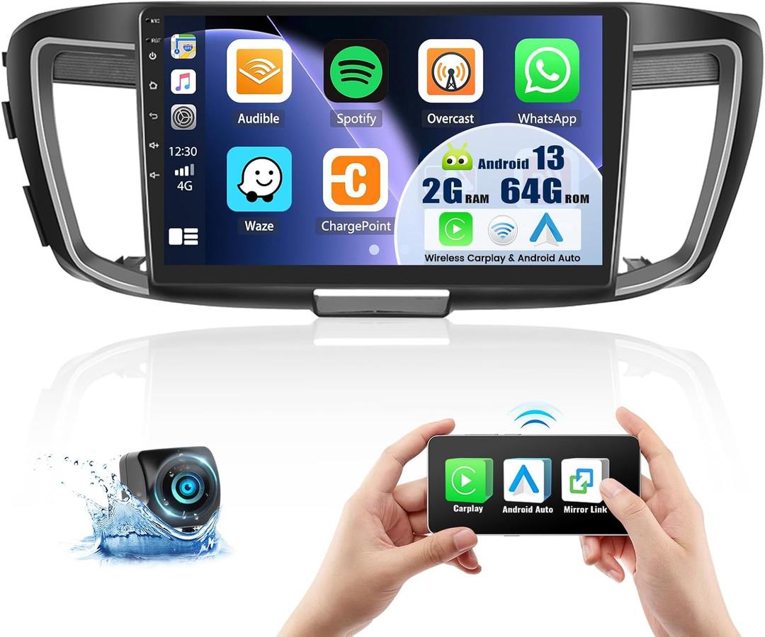 [2+64G] Android 13 Stereo for Honda Accord 2013-2016, Wireless Apple CarPlay Android Auto Mirror Link, 10.1 Inch Touchscreen with GPS Navi WiFi RDS BT SWC Backup Camera