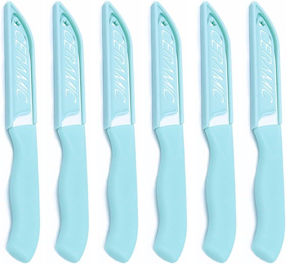 6 Pack Ceramic Paring Knife with Knife Cover, Lightweight Ceramic Knives, Fruit and Vegetable Small Knife (Blue)