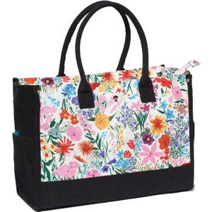 ESVAN Personalized Gifts Canvas Tote Linen Bags Handbags Top Zipper Closure Initial Retro Utility Tote (A Pink Flower)