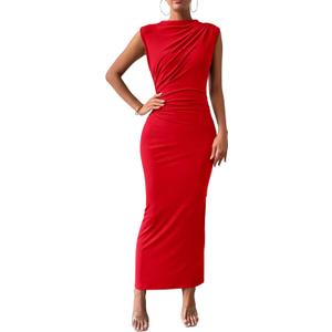 BTFBM Women's Ruched Bodycon Dress Summer Casual Sleeveless Back Slit Elegant Club Evening Party Cocktail Maxi Dresses (Small, Red)