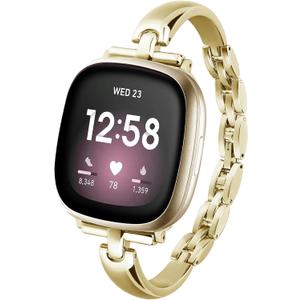 Silm Metal Band Compatible with Fitbit Versa 4/Fitbit Sense 2 Band Cute Women, Bling Jewelry Strap Replacement Compatible for Fitbit Sense/Versa 3 Women (Gold)