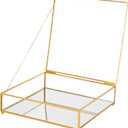 Square Glass Display Box with Lid Handmade, Mirrored Bottom, Geometric Jewelry Box for Display, Brass & HD-Glass for Jewelry Trinket Book Photo, Keepsake Organizer, Home Decor, Gold (Low: 8.9"L  8.9"W  2.6"H)