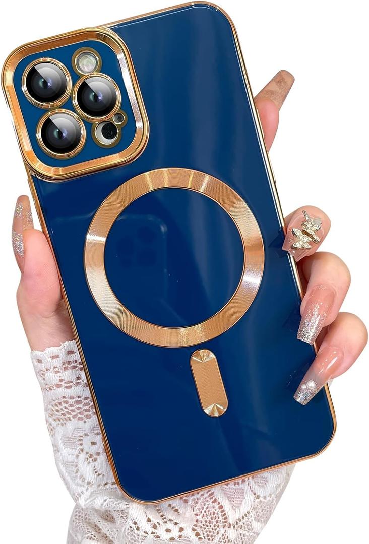 OOK Magnatic Case for iPhone 12 Pro Case [Compatible with MagSafe] Full Camera Lens Protector Gold Electroplate Edge Soft TPU Shockproof Protective Phone Case for Women Men 6.1 Inch - Blue