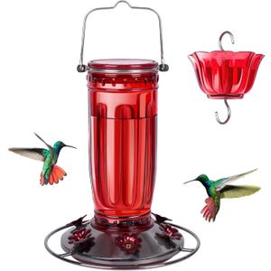Kingsyard Glass Hummingbird Feeder for Outdoors Wild Bird Feeder with 6 Feeding Ports Hanging for Garden Yard, Red (Ant Moat Included)