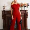 YMDUCH Women's Casual Sleeveless Off Shoulder Wide Leg Long Pant Jumpsuits (Red, M)
