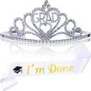 Chinco 2026 Graduation Crown and Graduated Sash Glittered Metal Princess Tiara Crown Graduation Party Supplies Kits Ideal Gifts for Graduation Party Decorations Grad Decor Favors (White I'm Done)