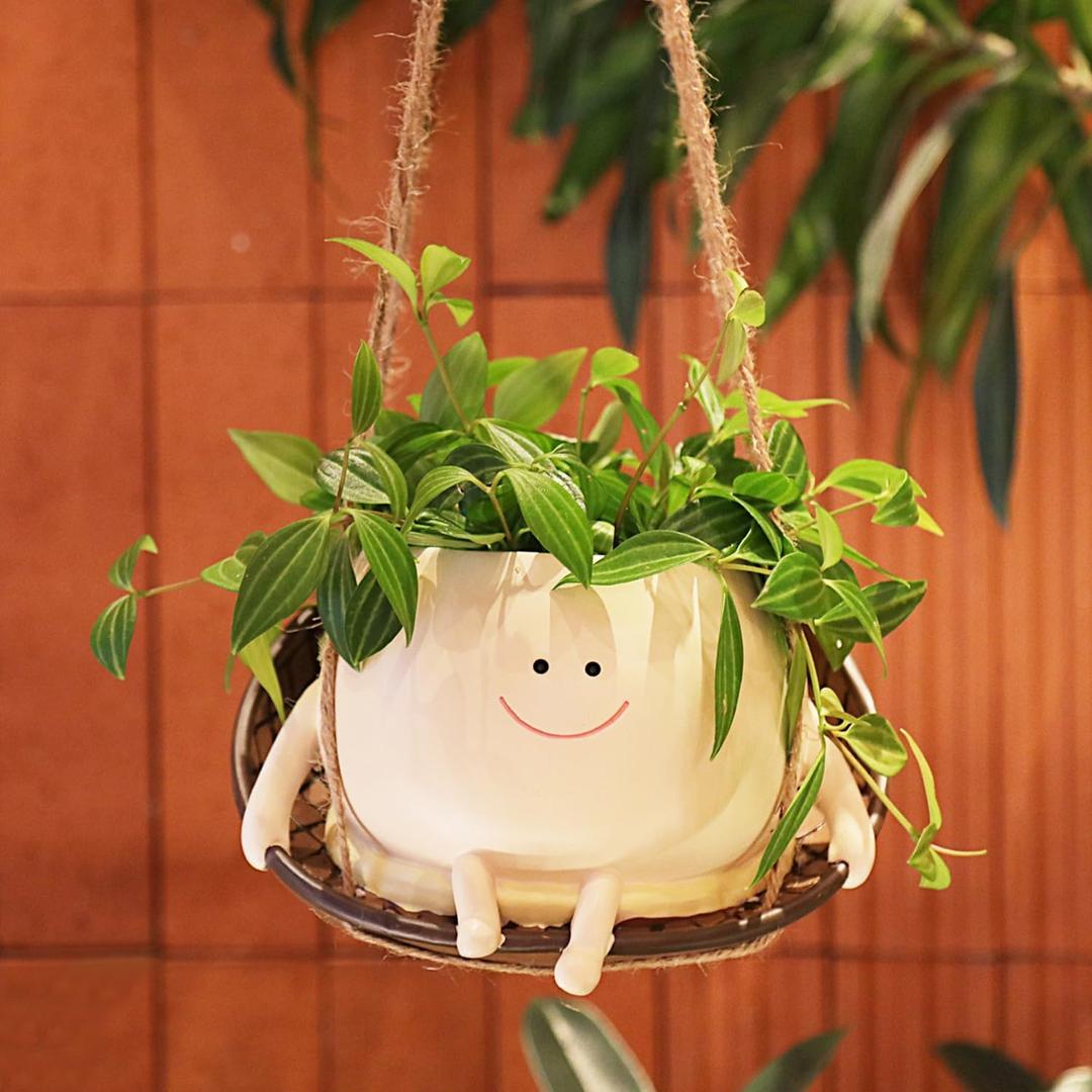 NINIPAPA Hanging Swing Chair Planter Pot Smile Face Plant Pot for Indoor Outdoor Plants Cute Head Flower Pots for Succulent String of Pearls Unique Gift on Mother's Day, Birthday, Christmas - Large
