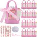 12 Pcs Teacher Appreciation Gift Bags DIY Mini Canvas Tote Bags with Alphabet Stickers Ribbon Raffia Back to School Thank You Gift for Women Tiny Pouch Accessories(Classic,Pink), Small