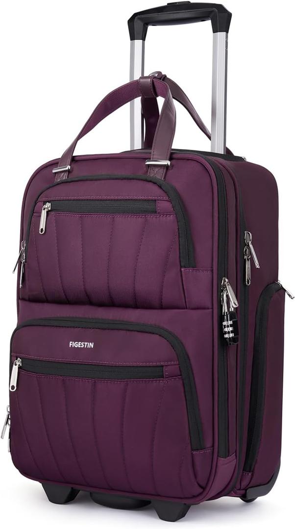 Underseat Carry On Luggage with Wheels, 16-inch Softside Rolling Under Seat Luggage, Lightweight Overnight Small Mini Carry On Suitcase for Women Men (Wine Red)