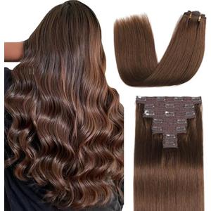 Sisily Clip in Hair Extensions Real Human Hair, 24 Inch Premium Human Hair Clip in Extensions Chocolate Brown, Soft Straight Hair Extensions Real Human Hair Clip ins 7PCS Double Weft（24 Inch #4）
