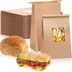 Qilery 170 Pcs Bakery Bags with Window Paper Cookies Bags Kraft with Tin Tie Lock 5.9 x 2.8 x 9.2 Inches Greaseproof for Cookies Coffee Beans Snacks Bread and Candy